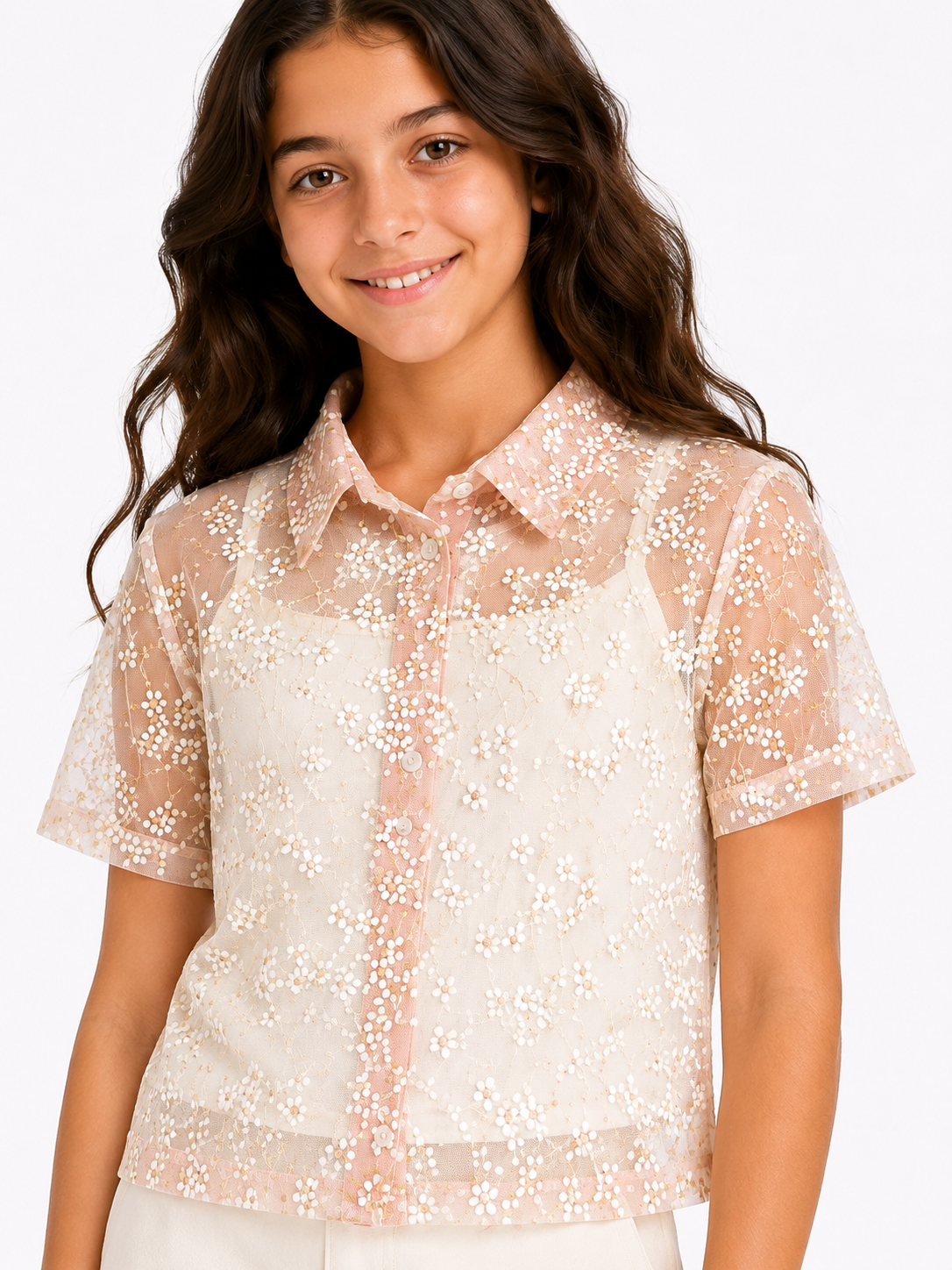 girls peach Lace Shirt With inner top