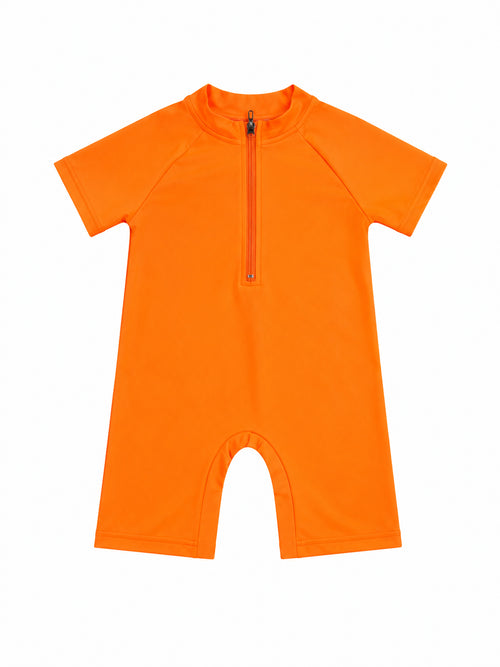 Boys Orange Shark Print Rash Guard Swimsuit with Back Zipper