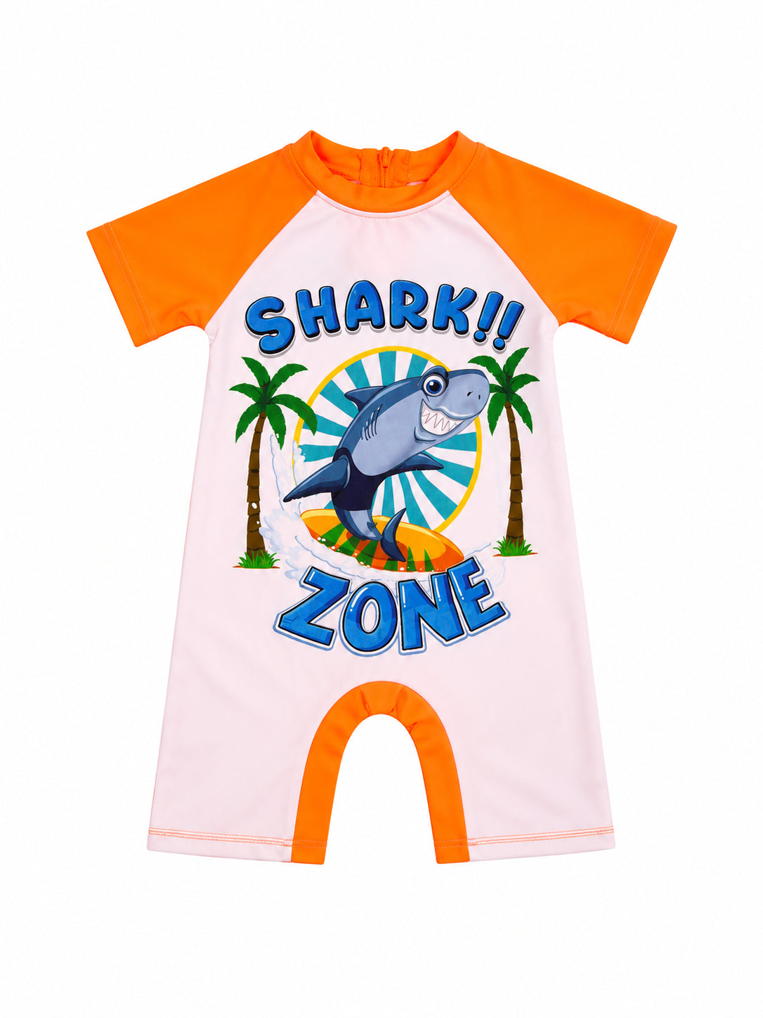 Boys Orange Shark Print Rash Guard Swimsuit with Back Zipper