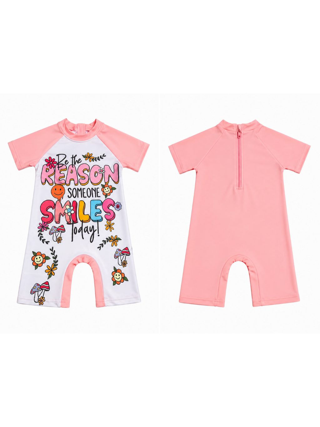 Girls Pink Floral Smile Swimsuit with Back Zipper