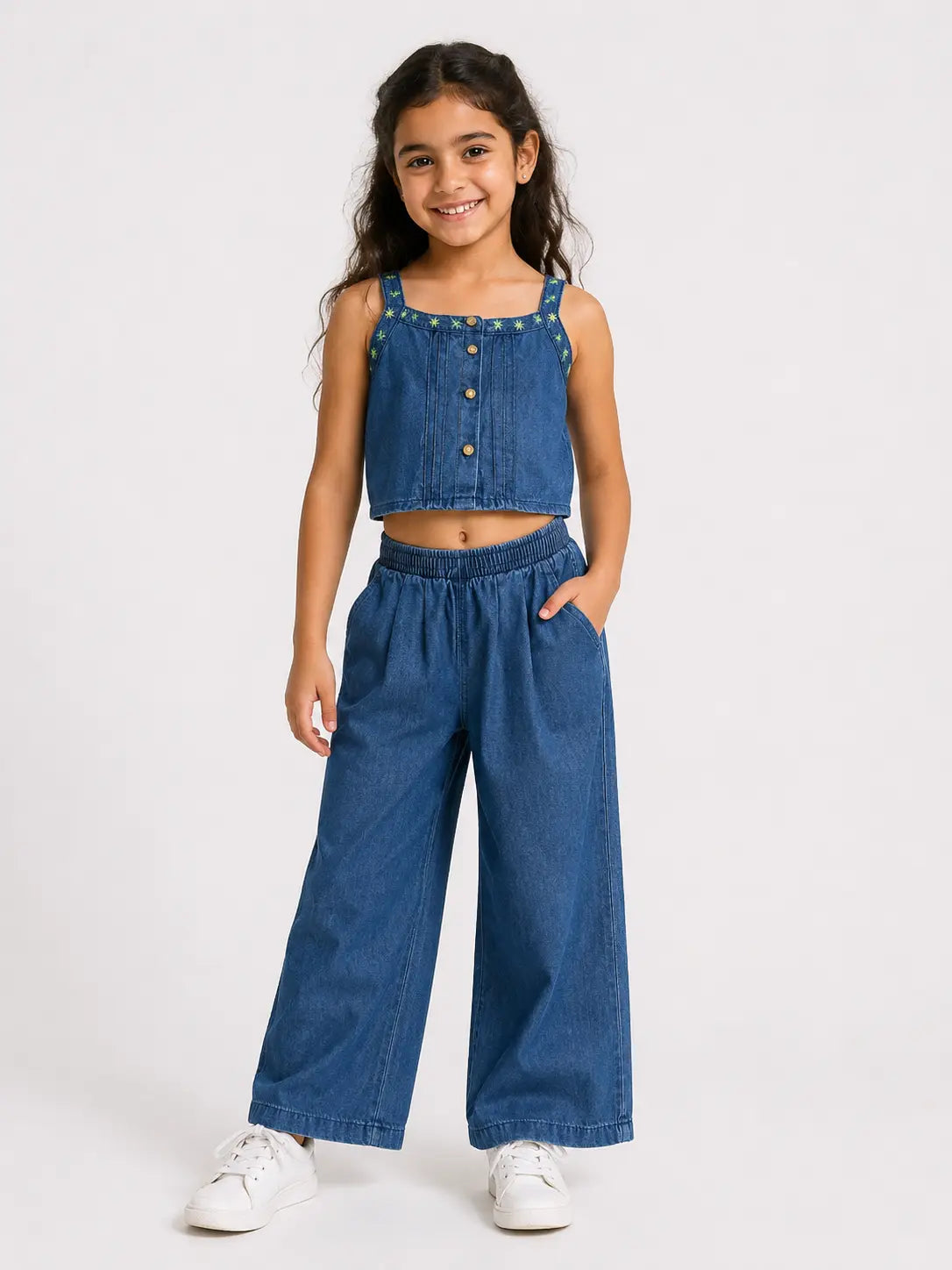 Girls Embroidered Denim Two Piece Set