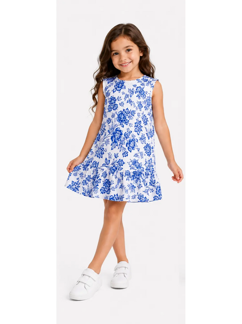 Blue Floral Ruffle Dress