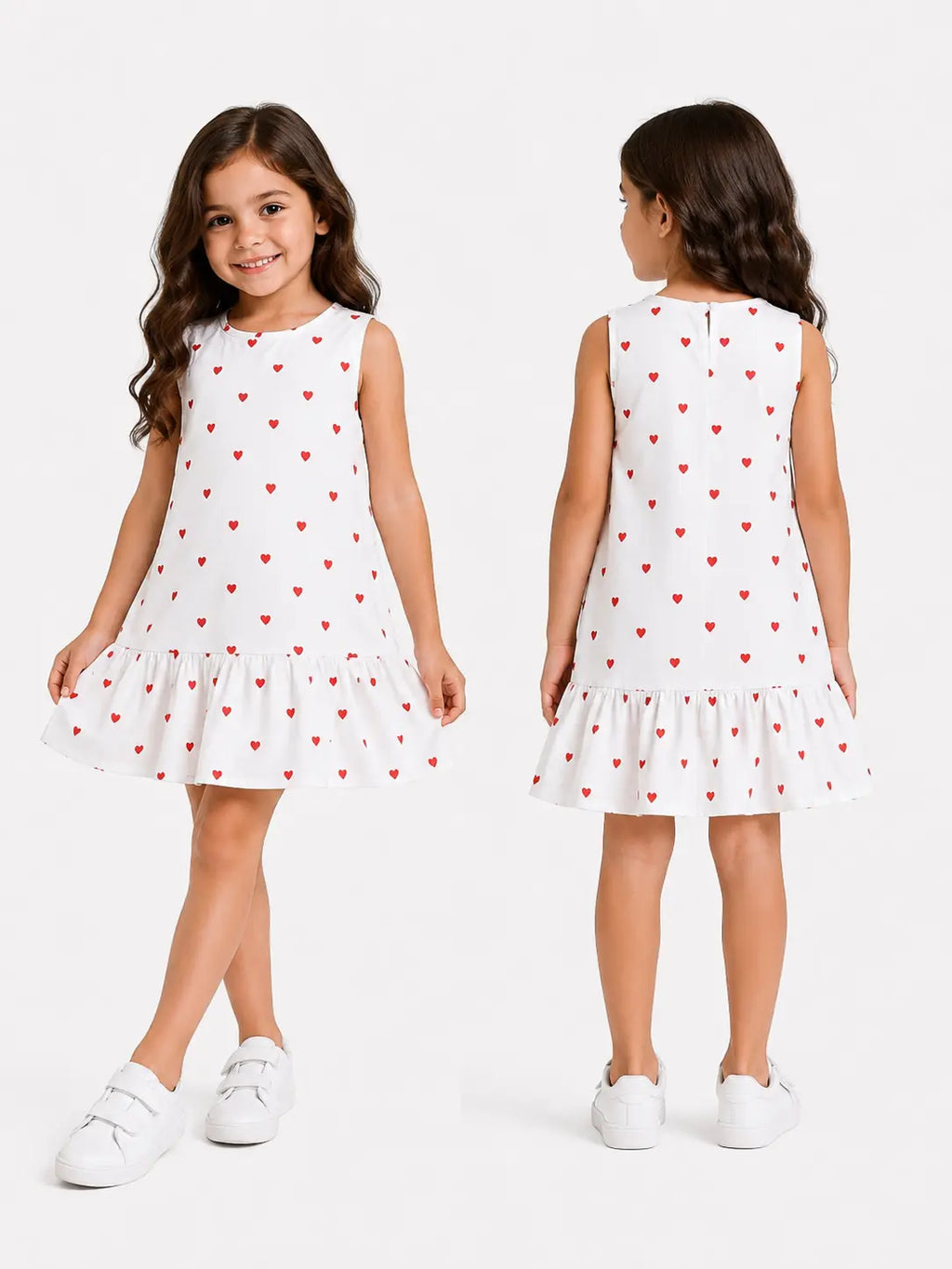 White Heart Print Ruffle Dress