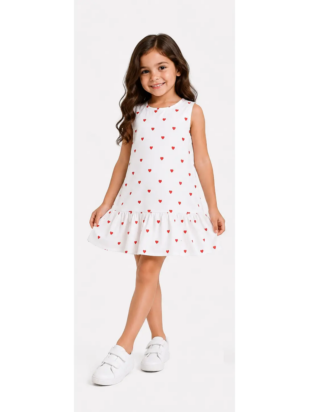White Heart Print Ruffle Dress