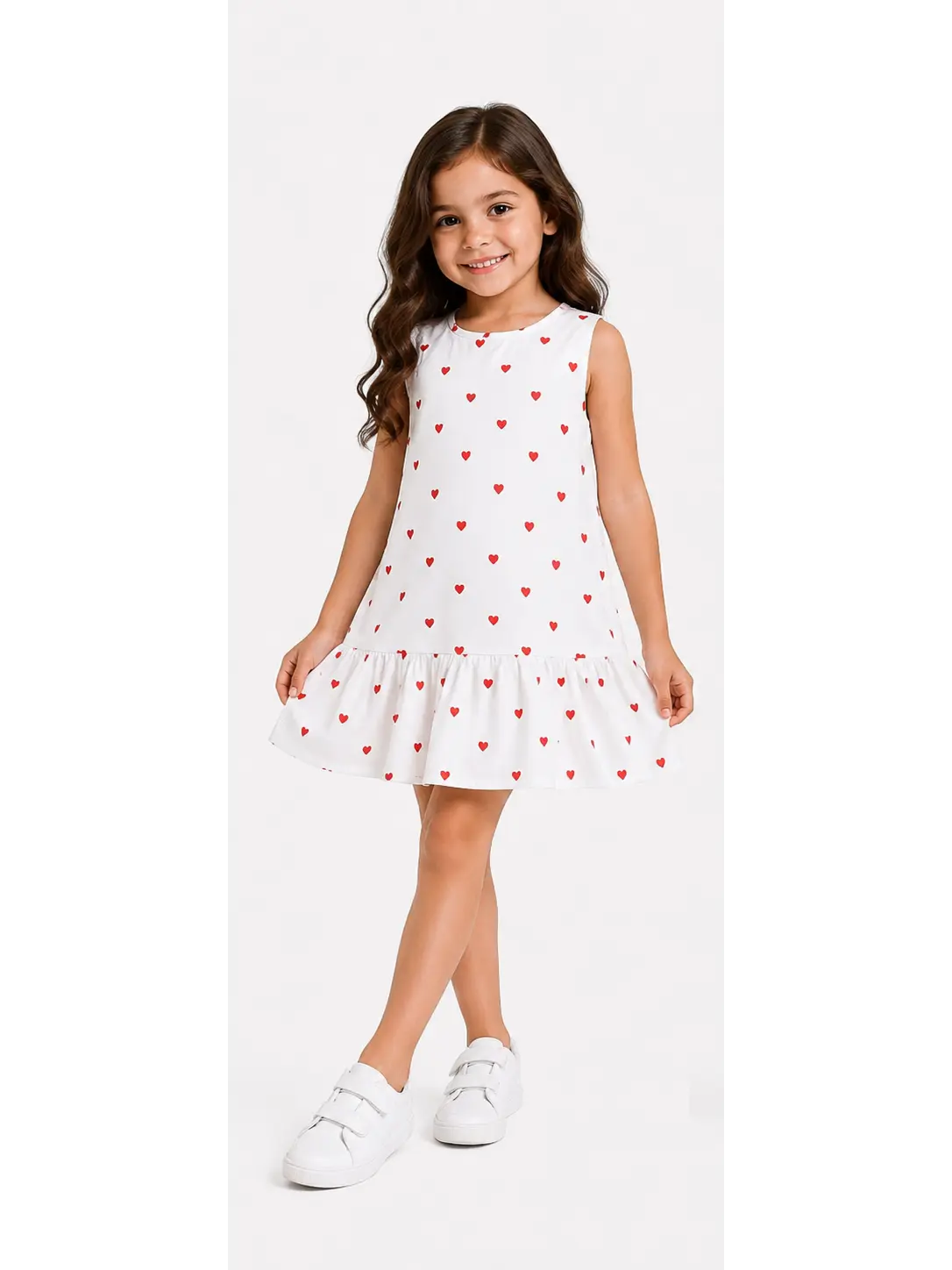 White Heart Print Ruffle Dress