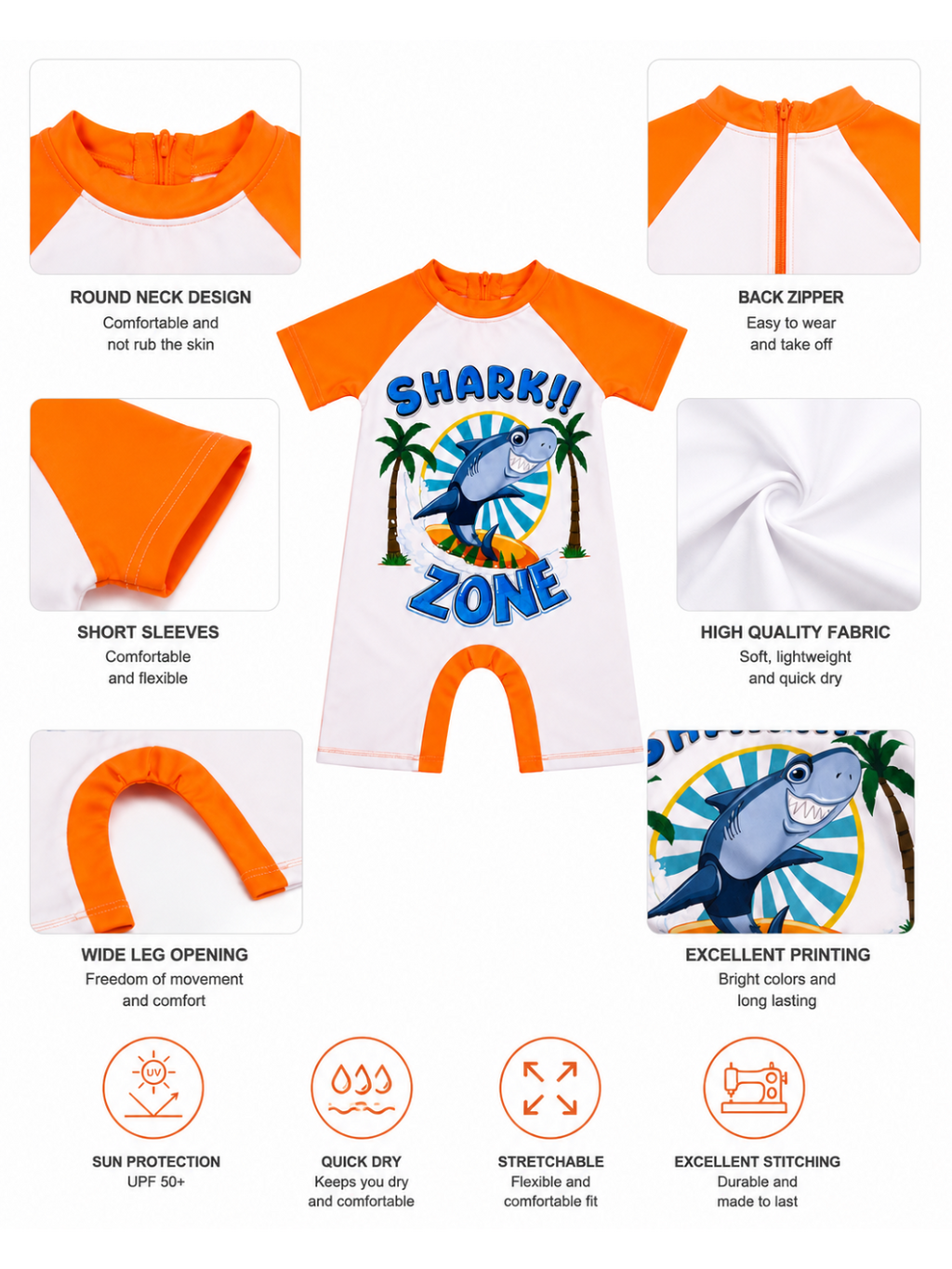 Boys Orange Shark Print Rash Guard Swimsuit with Back Zipper