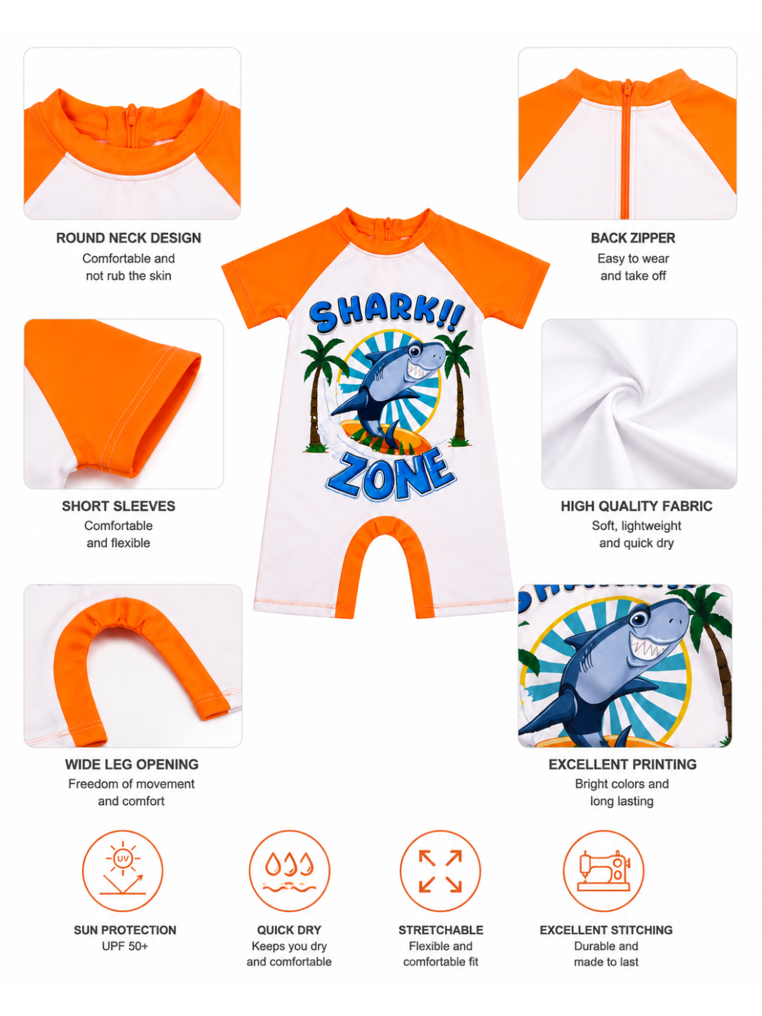 Boys Orange Shark Print Rash Guard Swimsuit with Back Zipper