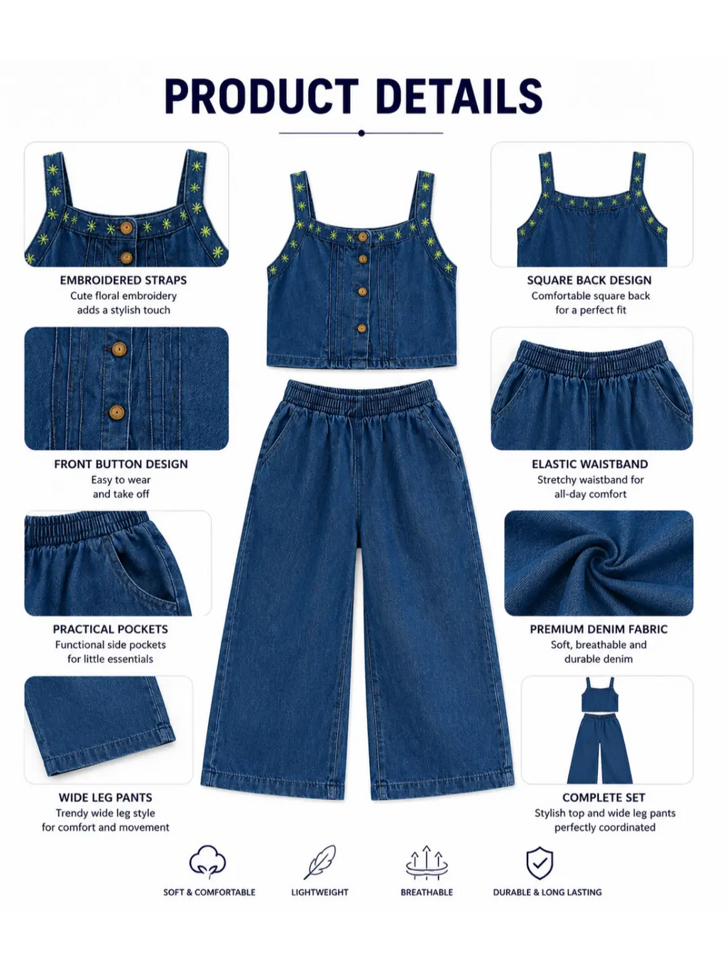 Girls Embroidered Denim Two Piece Set