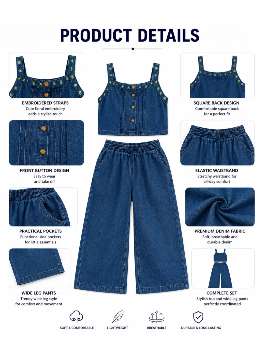 Girls Embroidered Denim Two Piece Set