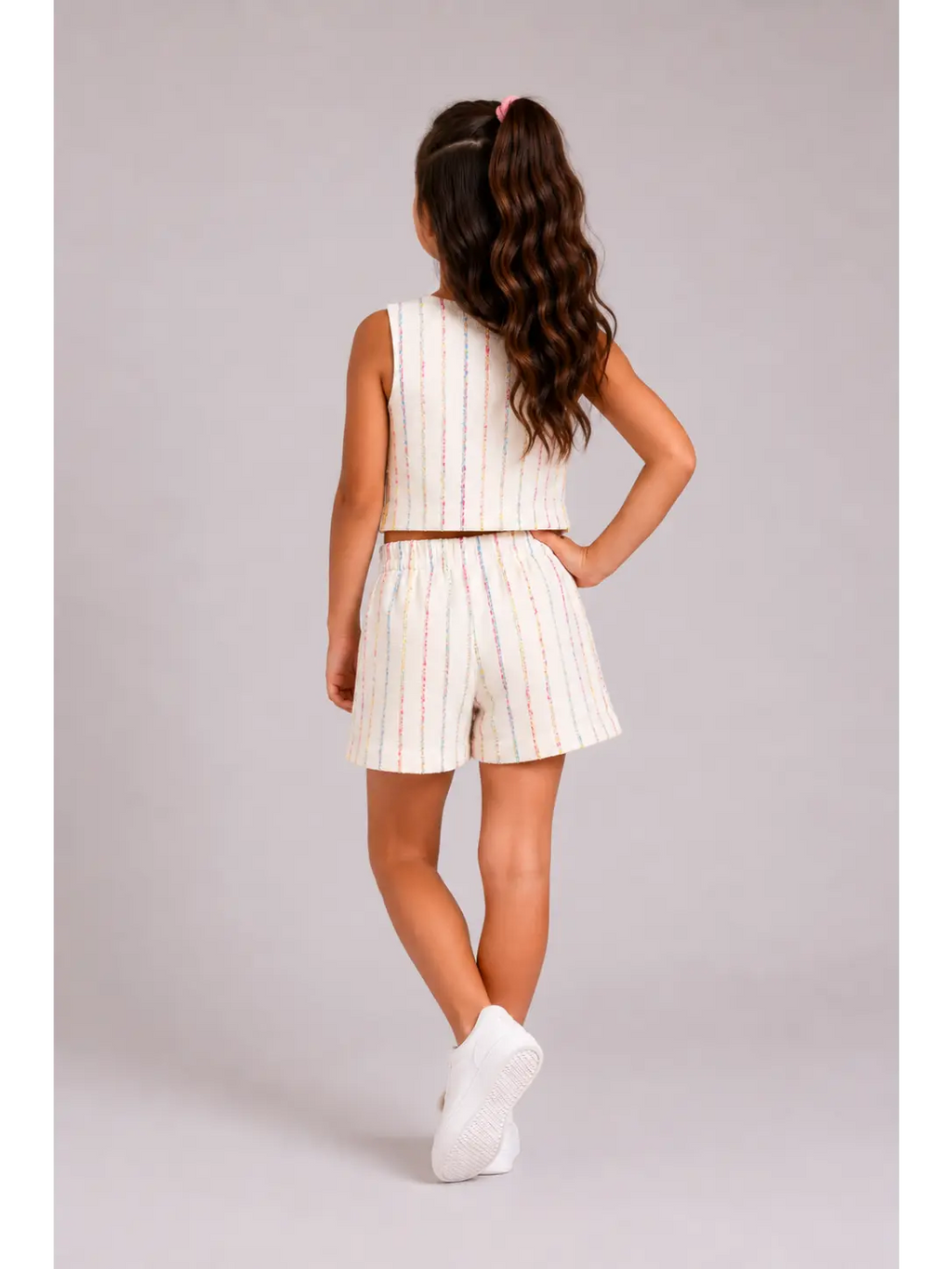 Girls multicolor Stripe Tweed Vest & skort Set