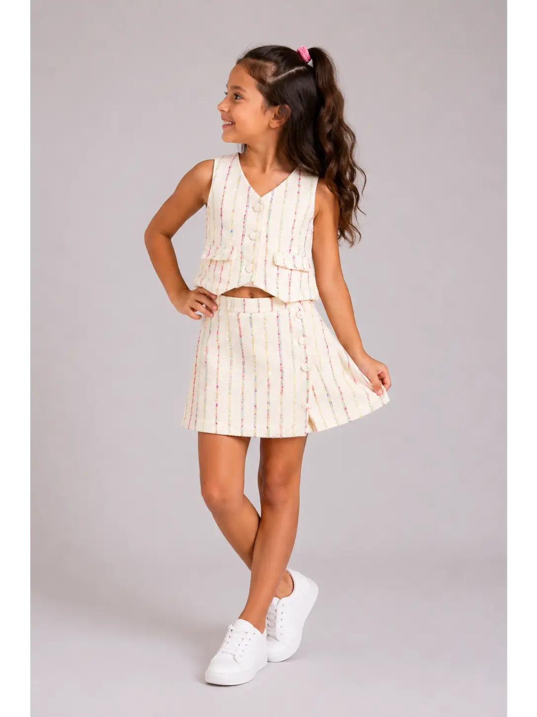 Girls multicolor Stripe Tweed Vest & skort Set