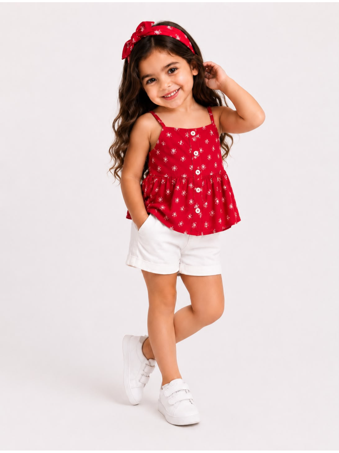 Red Floral Button Top