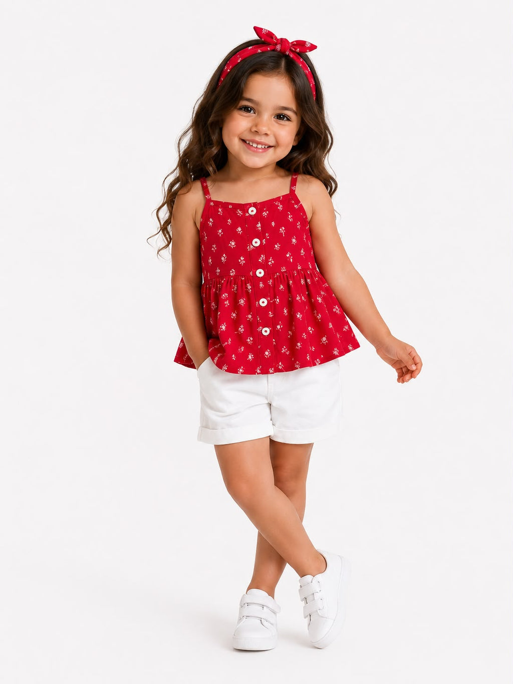 Red Floral Button Top