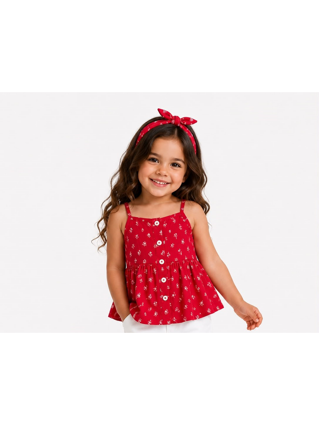Red Floral Button Top