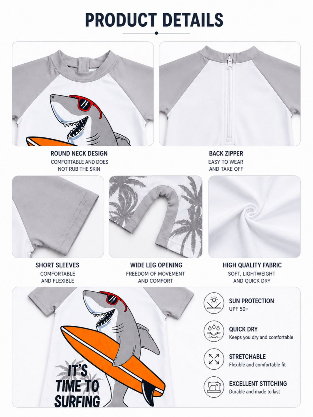 Boys Shark Surfing Swimsuit with Back Zipper