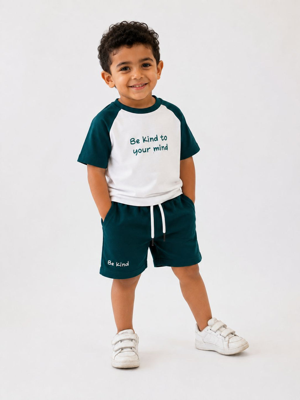 Boys cotton dark green and white set