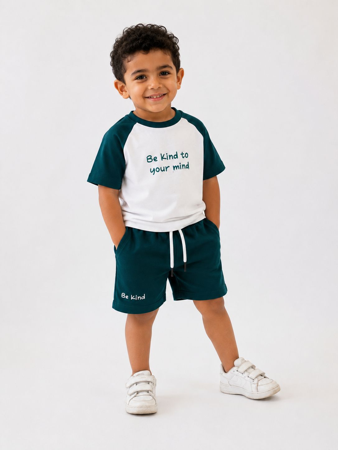 Boys cotton dark green and white set