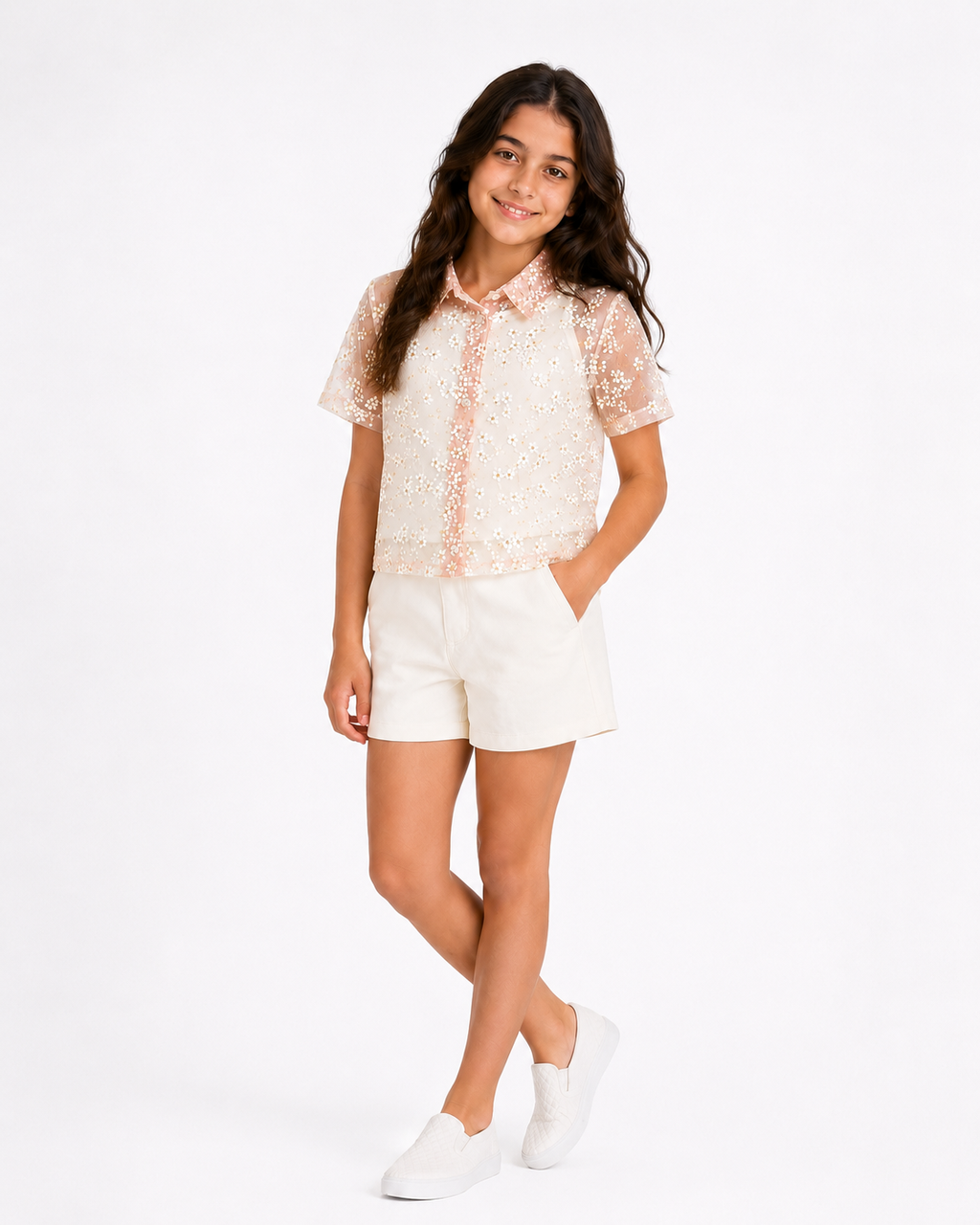 girls peach Lace Shirt With inner top