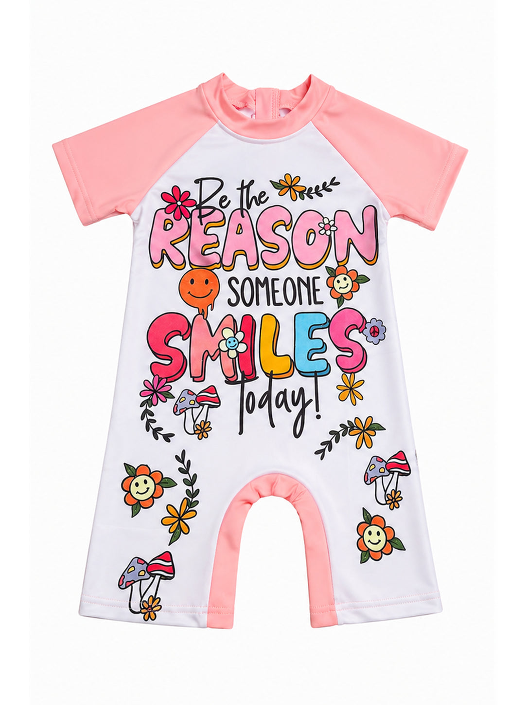 Girls Pink Floral Smile Swimsuit with Back Zipper